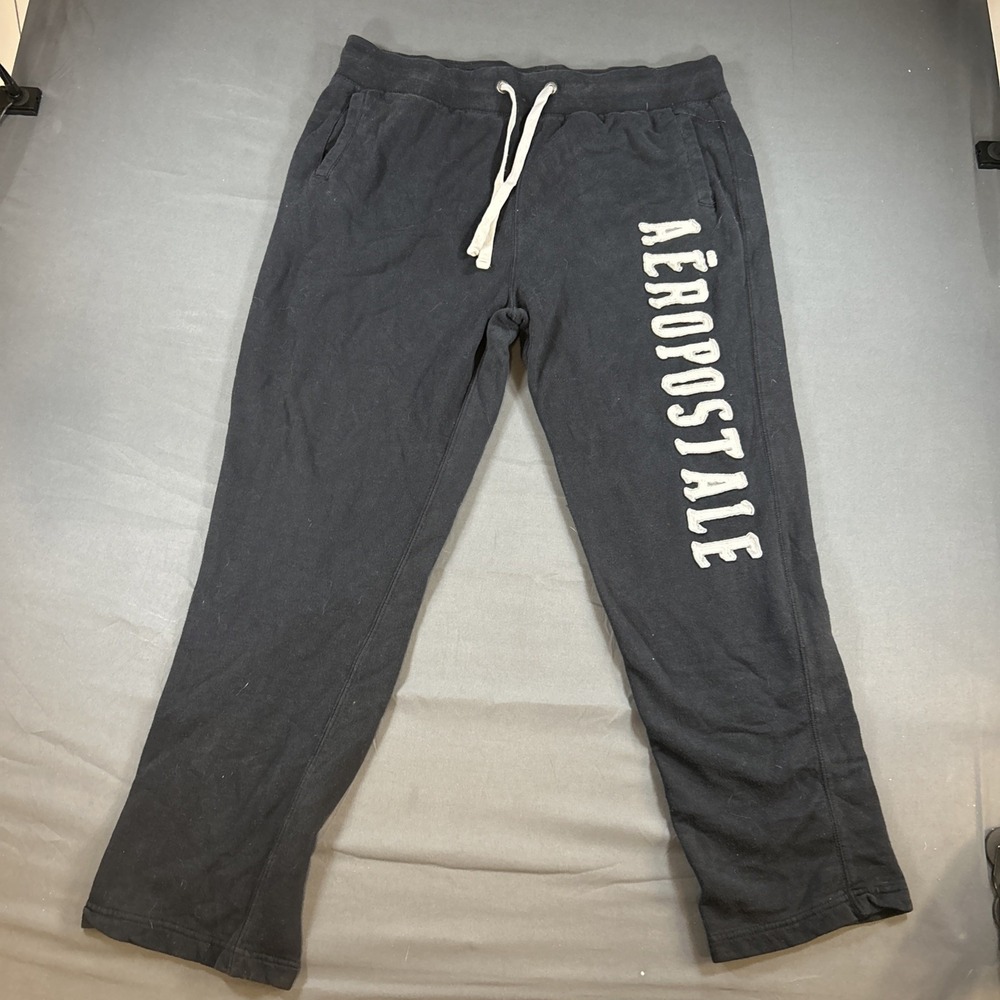 Aeropostale Black Flared Sweatpants Logo Drawstring Elastic Waist Men's Large